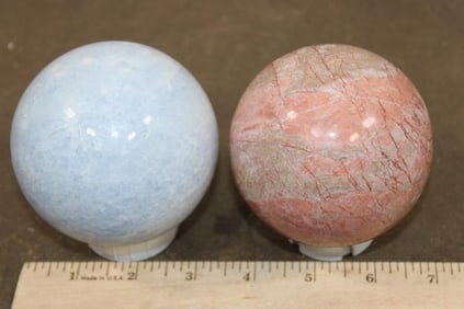 (1) BLUE CELESTITE Mineral Sphere and (1) PEACH MOONSTONE Mineral Sphere (ONE$)