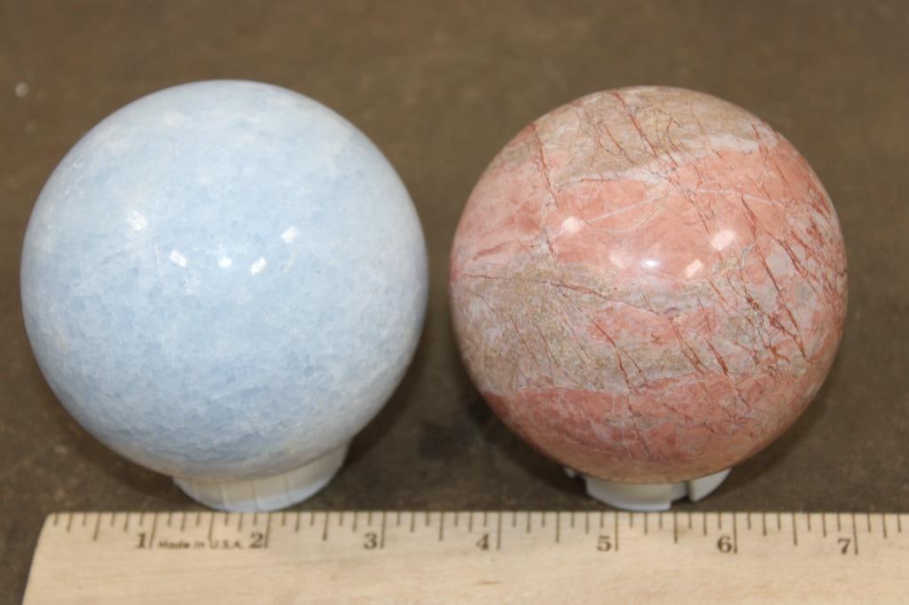 (1) BLUE CELESTITE Mineral Sphere and (1) PEACH MOONSTONE Mineral Sphere (ONE$) (1 of 7)