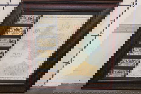 Big Reproduction "Republic of Texas/Alamo" Map and 6 Reproduction Texas Currency Notes: Large Framed Reproduction Republic of Texas Map with the Alamo and 6 Reproduction Currency Notes. The very nice wood and glass frame measures 38.5" Long x 38.5" Tall. HISTORICAL TEXAS MAPS