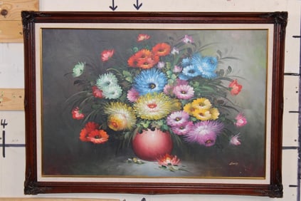 Original Floral Still Life Oil Painting by artist "Louis" in a Wooden Frame