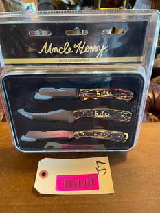 "Old Stock" Uncle Henry Limited Edition Gift set. Includes 3 fixed blade Knives: "Old Stock" Uncle Henry Limited Edition Gift set with 3 fixed blade Knives. One measures 5.5" Long and the other two are 7" Long. Never opened, New in package. KNIVES and TOOLS