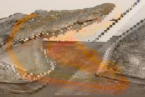 XL CROCOBIDLE Head with *Real Skin* and *Real Teeth* mounted on a Wood Pedestal: XL CROCODILE Head with *Real Skin* and *Real Teeth* mounted on a Wood Pedestal. It measures 26" Long x 17" Wide x 17" Tall. TAXIDERMY