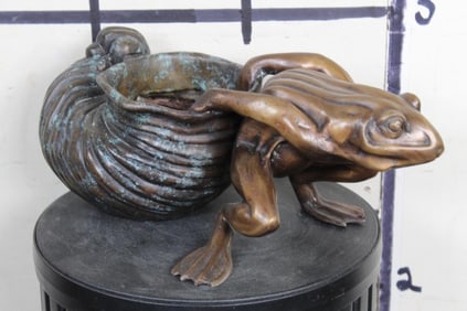BRONZE FROG Pulling a BRONZE SNAIL Sculpture, Weight 9lbs