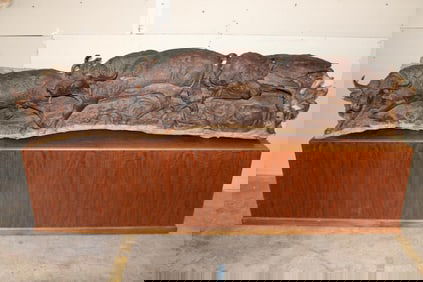 Huge Original Hand-carved Leadwood Sculpture of 3 CAPE BUFFALO by artist Robert Nzali