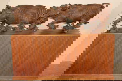 XL Original Hand-carved Leadwood Sculpture of 2 CAPE BUFFALO by African artist Robert Nzali