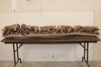 6' Long Original Hand-carved Leadwood CAPE BUFFALO Heard Sculpture by artist Mandla Khumalo