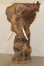 XL Leadwood Carving of a Mother ELEPHANT with HIPPO Tooth Ivory Tusks, her Calf, and a GIRAFFE