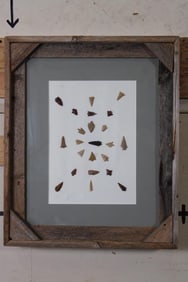 23 Prehistoric Indian Flint Bird Point ARROWHEADS in a Glass and Wood Frame