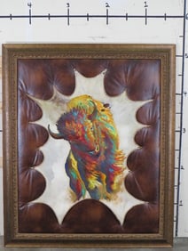 XXL Original Oil and Liquid Gold Leaf Painting ?Bison in Battle? by Sibley on Deer Skin Parchment