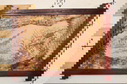 African Savanna Scene Tooled on ELEPHANT and OSTRICH Hide in an African Railwood Frame