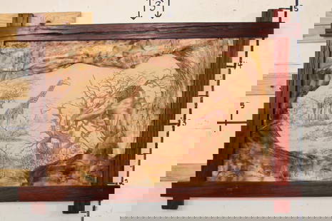 African Savanna Scene Tooled on ELEPHANT and OSTRICH Hide in an African Railwood Frame: This is a Large piece of art that measures over 4'Wide! Incredible African savanna scene featuring a hunter and 2 giraffes amidst trees. It has been delicately tooled onto Elephant Hide Leather and is