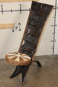 Hand-carved African Palaver Chair with an IMPALA and SPRINGBOK Hide Seat Cushion