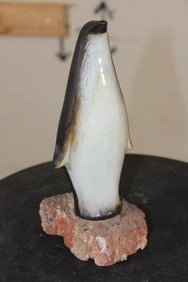 Original signed Maigonis Daga Ceramic PENGUIN Sculpture on a Petrified Wood Base