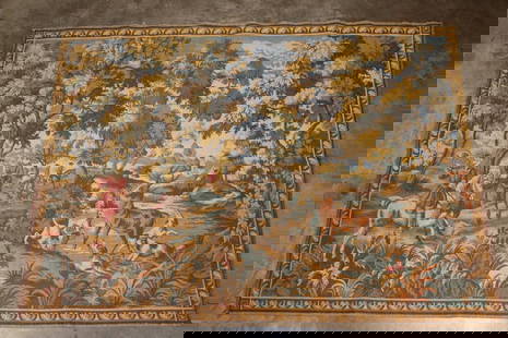 French Jacquard (Woven) Tapestry with Hunting Scene: Aubusson style French Jacquard&nbsp;Tapestry with a Hunting Scene. It measures 59" Long x 42.5" Wide. Artist unknown. Aubusson style refers to the elegant and luxurious aesthetic associated with Frenc