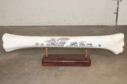 Scrimshawed GIRAFFE Femur Bone on a Wooden Display Stand by African Artist J.Nkosi