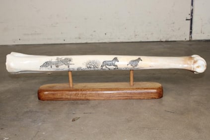 Scrimshawed GIRAFFE Leg Bone on a Wooden Display Stand by African Artist J.Nkosi