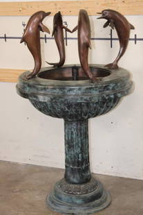 XL Bronze Garden Fountain with 4 DOLPHINS, Weight 113 lbs: XL Bronze Garden Fountain. 4 DOLPHINS are dancing around! It stands 44" Tall or over 3.5' and Weighs 113 lbs. This is a nice garden fountain with the original retail price tag for $4,625.00. It has a