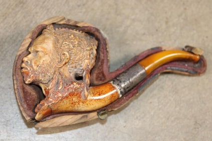Antique Hand-carved Meerschaum Pipe of an "African Chieftain" with a Bakelite Stem in a Custom Case