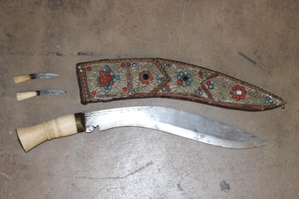 Antique 19th Century (1800's) Nepalese KUKRI KNIFE with a Beaded Sheath