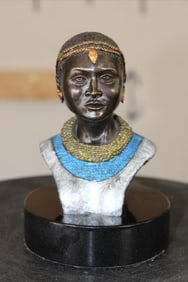 Original Bronze Female Masai Woman Bust on a Black Granite Base signed and numbered by Raj S. Paul