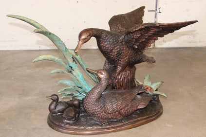 XXL DUCK Family Bronze Sculpture on a Marble Base, Weight 79 lbs