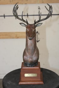 Original Cast Bronze "RED STAG" on a Wooden Base signed and numbered by Raj   S. Paul