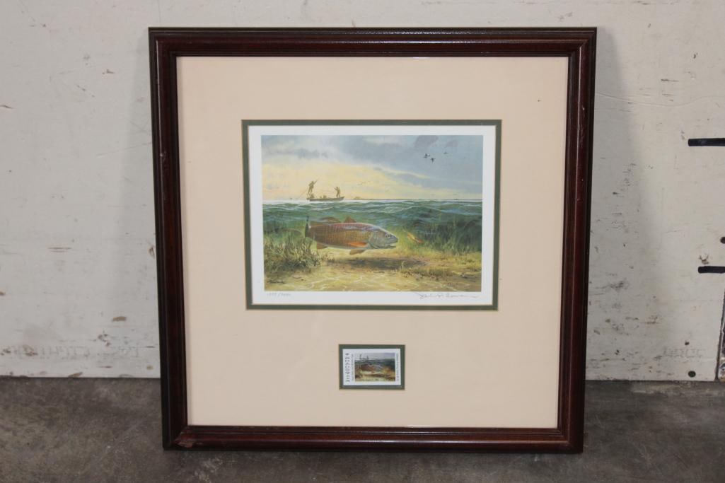 Limited Ed. 1986 "First" Texas State Saltwater Fishing Stamp & Print signed by artist John P. Cowan (1 of 9)