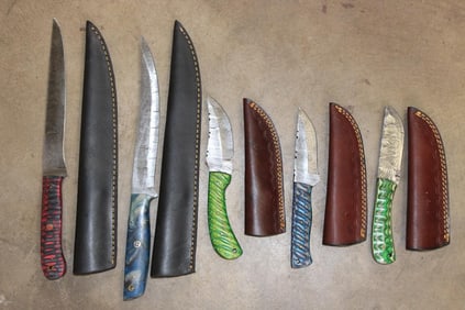 (5) Damascus Steel KNIVES with Leather Sheaths (ONE$)