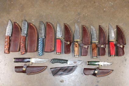 (10) Fixed Blade Damascus Steel KNIVES with Leather Sheaths (ONE$)