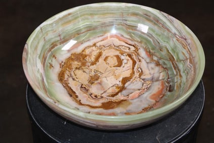 Big Bowl Carved from a Single Piece of GREEN BANDED ONYX