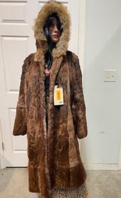Natural MINK Fur Coat with COYOTE Trim and Hood, Size Medium