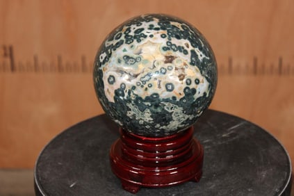 XL OCEAN JASPER Sphere with Druzy Inclusions with a Wood Stand