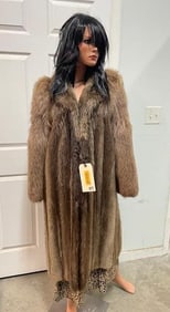 Natural BEAVER Fur Coat with Ranch FOX Sleeves, Size Medium