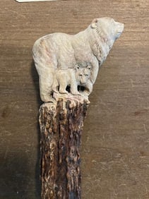 Hand-carved STAG ANTLER Handle of a BEAR and CUB