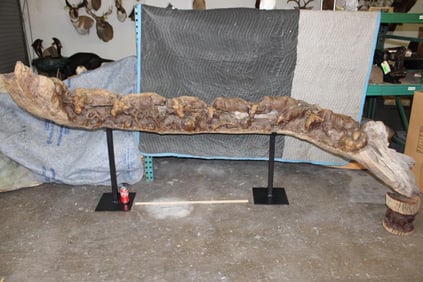 XXL 8' 10" Long Original Leadwood Carving of 3 CAPE BUFFALO and 4 WILDEBEEST by artist Robert Nzali