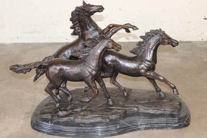 XXXL Wild HORSES Bronze on Sculpture on a Marble Base, Weight 84 lbs