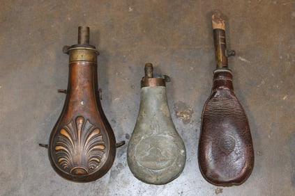 (2) Mid 1800s Powder Flasks and (1) 1800s Leather Shot Flask (ONE$)