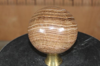 Big BANDED ARAGONITE Mineral Sphere with a Brass Ring Stand