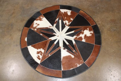Big Circular Patchwork Cowhide RUG with Carpet Backing and Leather Piping