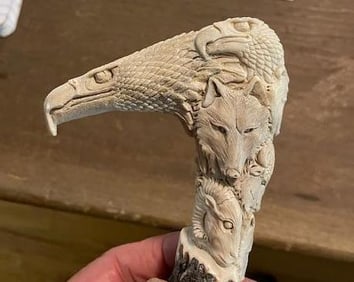 Hand-carved STAG ANTLER Handle with 3 Bald Eagles, 3 Wolf, 2 Bears, 1 Bison, and 1 Ram Head