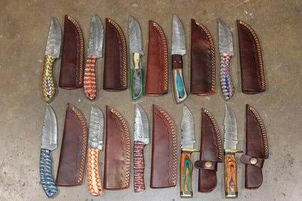 (10) Fixed Blade Damascus Steel KNIVES with Leather Sheaths (ONE$)