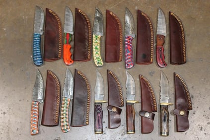 (10) Fixed Blade Damascus Steel Fixed Blade KNIVES with Leather Sheaths (ONE$)