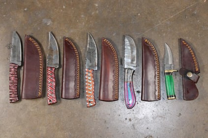 (5) Fixed Blade Damascus Steel KNIVES with Leather Sheaths (ONE$)