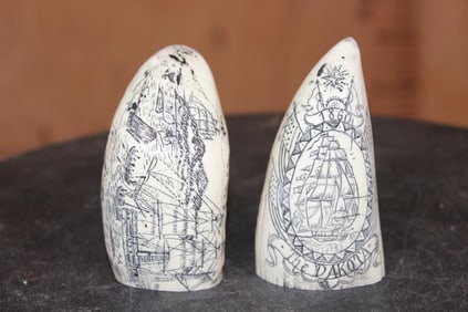 (2) Reproduction Scrimshawed WHALE TEETH, "1860 The Dakota Nantucket" and "Whaler Lion 1827" (ONE$)