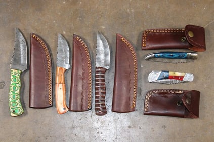 (3) Damascus Steel Fixed Blade KNIVES and (2) Pocket KNIVES (ONE$)