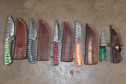 (5) Fixed Blade Damascus Steel KNIVES with Leather Sheaths (ONE$)