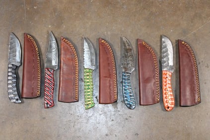 (5) Fixed Blade Damascus Steel KNIVES with Leather Sheaths (ONE$)
