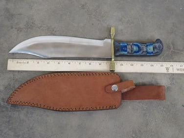 Big KNIFE or DAGGER with a Wood and Brass Handle in a Leather Sheath