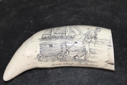 Reproduction Scrimshawed "Merril's Wharf New Bedford" WHALE TOOTH