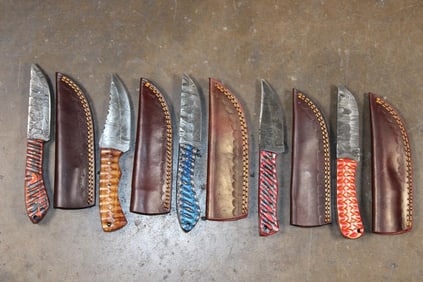 (5) Fixed Blade Damascus Steel KNIVES with Leather Sheaths (ONE$)
